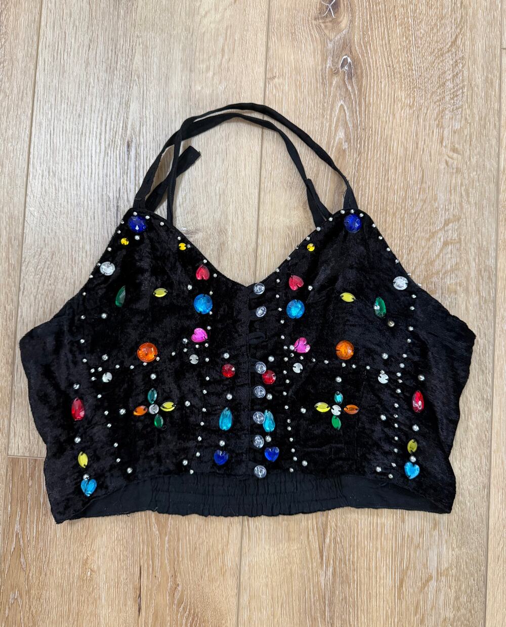 Vintage Y2K Retro Black Velvet Jeweled Rhinestone Halter Crop Top Size M